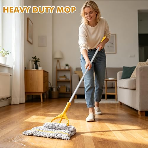 Commercial Mop Heavy Duty Industrial Mop- 2 Extra Large Cotton Looped Heads, 61 Aluminum Handle Mops for Concrete/Tile/Garage Floors-Home, Kitchen - Image 2