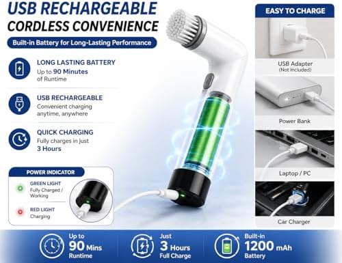 Electric Spin Scrubber Cordless Cleaning Brush, USB Rechargeable Power Scrubber for Bathroom, Kitchen, Tile, Grout, Sink & Shower Cleaning, 4 Replaceable Brush Heads, Portable Handheld Cleaning Tool - Image 5
