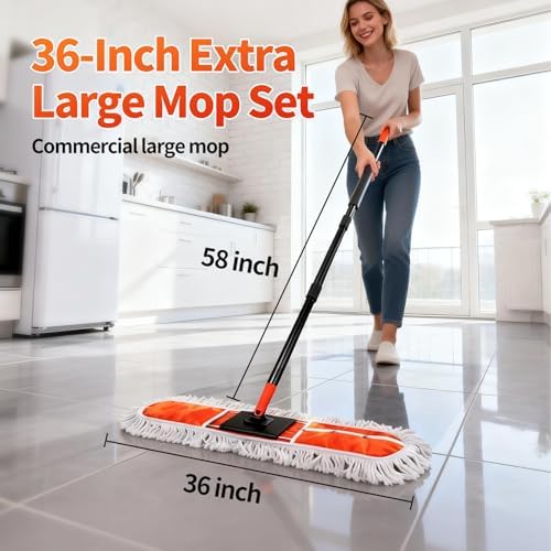 36" Large Commercial Dust Mops for Industrial Floor ，Marble, Laminate,Tile,Concrete,Garage. Janitor Broom Wide Dry mop for Hardwood ,Heavy Duty Long Handle Hotel Gym Household Cleaning Supplies - Image 2