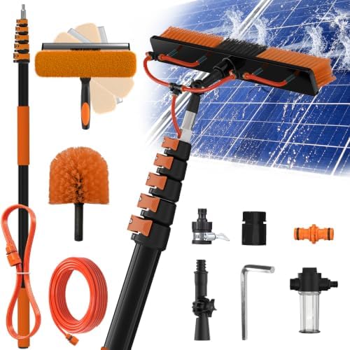 Buyplus 30FT Reach Solar Panel Cleaning Brush Kit with 5-24FT Telescoping Pole, Water Fed Window Cleaner Tool with 20" Brush, Soap Dispenser, Cobweb Duster, Squeegee for Roof, RV, Gutter, Deck,Orange by Buyplus