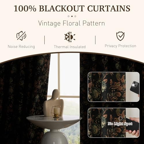 StangH Vintage 100% Blackout Black Floral Velvet Curtains 84 Inch 2 Panels - Image 5