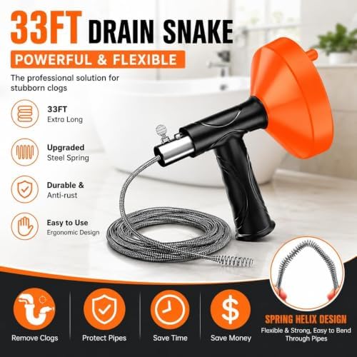 33 FT Drain Snake Auger, Plumbing Snake Drain Hair Clog Removal Tool, Sink Unclogger Drain, Heavy Duty Drum Auger, Cleaner Tool for Bathroom Kitchen Tub Shower Drain Clog Remover with Gloves - Image 6