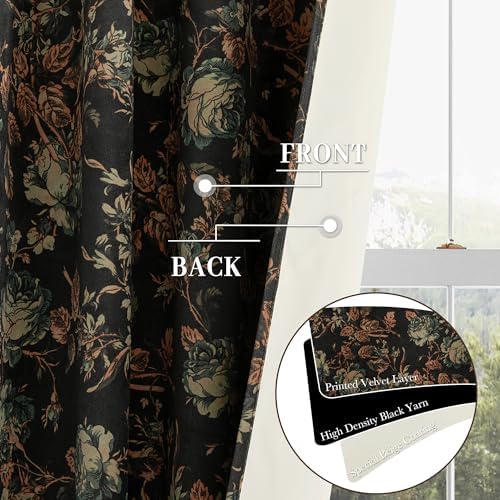 StangH 100% Blackout Black Floral Velvet Curtains 86 Inch 2 Panels - Image 4