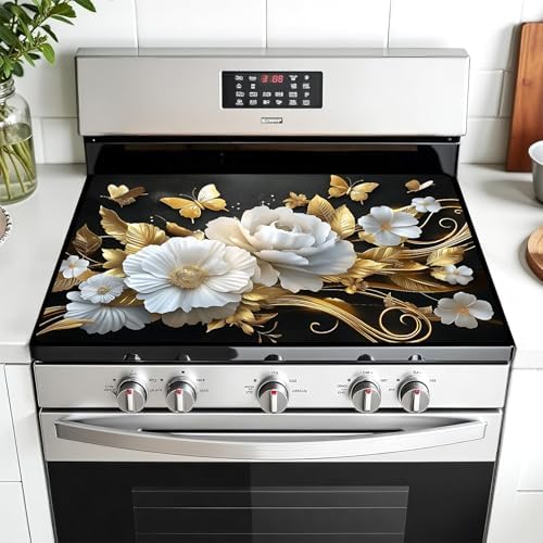 Multi-Design Stove Top Cover for Glass/Electric Stoves - 3-in-1 Heat-Resistant Protector Mat, Non-Slip Drying Rack 28"x20" (Butterfly-Flower) by AOHMPT