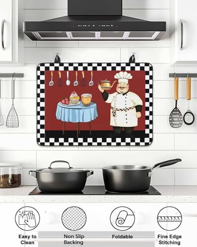 Kitchen Fat Chef Stove Top Covers for Electric Stove, Farmhouse Red Cook Induction Cooktop Cover Protector, White Black Plaid Range Mat for Glass Top Stove, Kitchen Countertop Dish Drying Mat, 24"x21" - Image 6