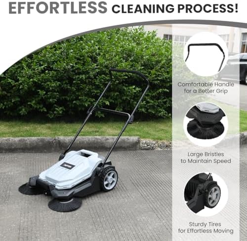 Dapper Supply Walk-Behind Outdoor Hand Push Floor Sweeper - 5.25 Gallon Capacity - 25.5" Sweeping Width - Sweeps up to 27,900 ft/Hour, Grey - Image 2