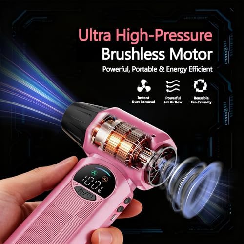 B50 Compressed Air Duster & Vacuum Cleaner, 0.6 lb Lightweight Powerful Mini Blower, Smart Display & Variable Speed, Rechargeable Air Duster for Keyboard, PC, Computer,Vanity, Desk, Car & Home – Pink - Image 2