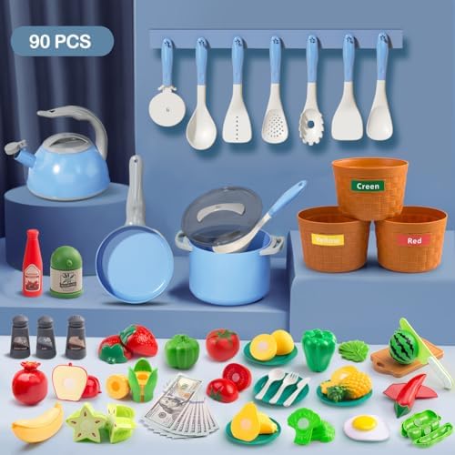 90Pcs Kitchen Playset Accessories, Pretend Cooking with Pots, Pans, Cookware, Food, Fruit, Veges, Color Sorting Baskets, Prop Money, Learning Gift for Girls Boys Toddlers (Blue) - Image 2