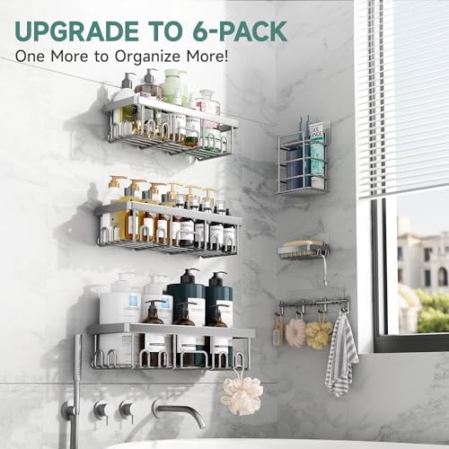 Veken Shower Caddy 6-Pack, Advanced Rustproof Design, No Drilling Adhesive Shelves, Rack with Soap Holder, Large Capacity Bathroom Organizers and Storage, Wall-Mounted Kitchen & Home Decor, Silver - Image 4