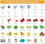 90Pcs Kitchen Playset Accessories, Pretend Cooking with Pots, Pans, Cookware, Food, Fruit, Veges, Color Sorting Baskets, Prop Money, Learning Gift for Girls Boys Toddlers (Blue) - Image 3