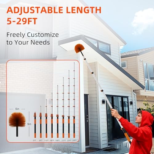 35 FT Reach Cobweb Duster with 5-29FT Telescoping Pole, Dual Action Flip-Lock & Screw Fixing Design, Washable Reusable Duster for High Ceilings, Fans & Home Cleaning - Image 2