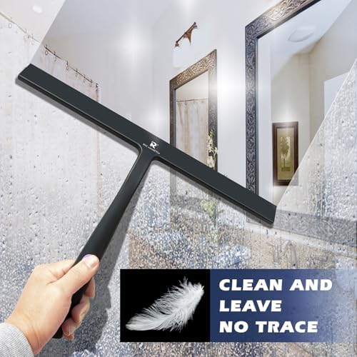 Squeegee for Shower Door 14 Inch Wide Blade, 11 Inch Short Handle One-Piece Silicone with Stainless Steel Core, Non-Slip Grip Window Squeegee for Bathroom Mirror Car Windshield, Aluminum Hook (Black) - Image 3
