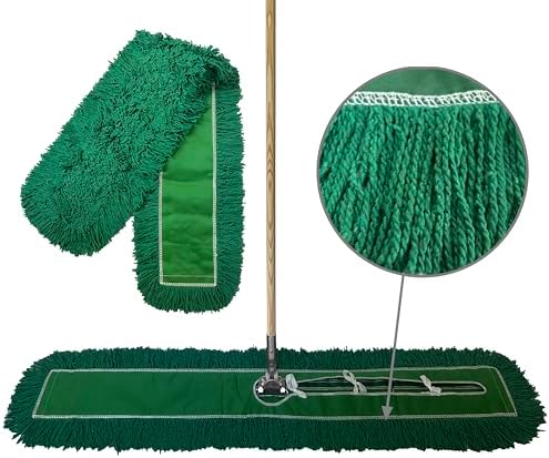 Industrial Dust Mop Kit – Includes 60 Inch Green Twisted Closed Loop Mop Head, Wood Handle, and Heavy-Duty Wire Frame – Commercial Grade for Janitorial & Facility Cleaning by Direct+Mop+Sales