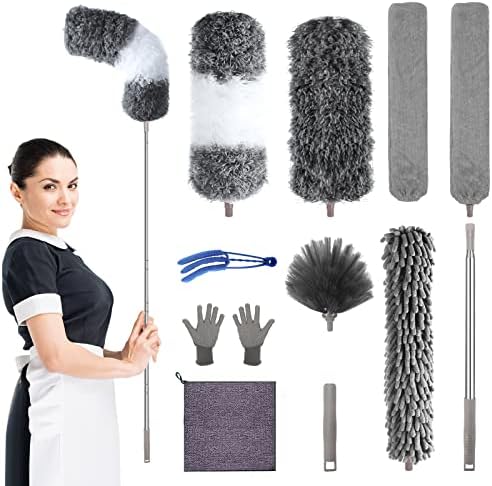 Microfiber Feather Duster with Extension Pole 30 to 100 inches, Reusable,Bendable, Washable Dusters for Cleaning Ceiling Fan, High Ceiling, Blinds, Furniture & Cars, 12PCS by AULTONG