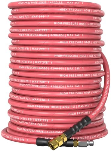 QC Installed Pressure Washer Hose 100 ft, 4200 PSI Flexible & Kink-Resistant, Steel-Braided & Durable, Power Washer Hose with 3/8" 360° Swivel Quick Connect, Hot/Cold Water Compatible, Red by Unknown