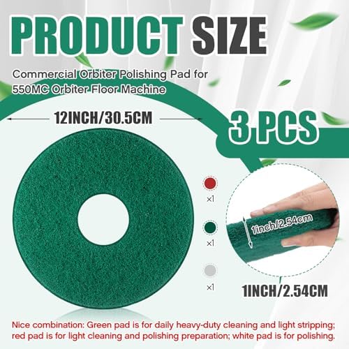 Teenyyou 3 Pcs 12" Cleaning Orbiter Pads Commercial Floor Buffer Pads Hardwood Floor Maintenance Scrubber Polisher Cleaning and Stripping for Orbiter Machine (Green,Red,White) - Image 2
