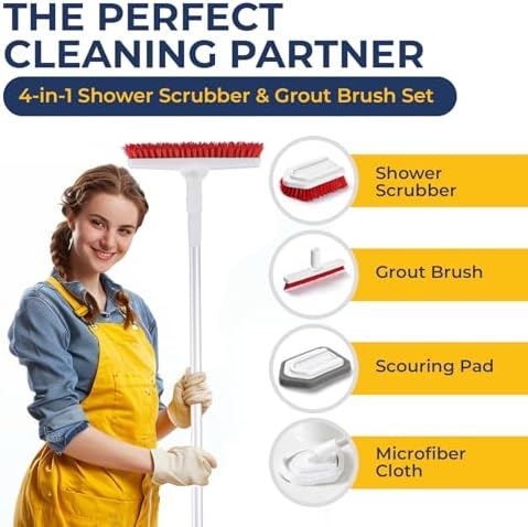 Shower Scrubber with Long Handle, Stiff Bristles Grout-Brush, Tub Scrub-Brush with Long-Handle, Shower-Cleaner Brush - Image 2
