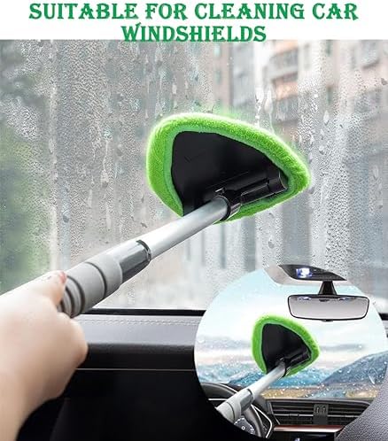 Car Windshield Cleaner Tool with Reusable Pads Extendable Handle(Green) - Image 2