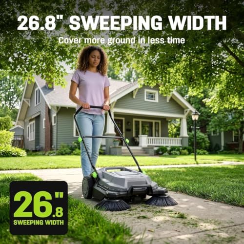 STEELITE Walk-Behind Hand Push Floor Sweeper, 26.8" Sweeping Width Floor Sweeper Manual Non-Electric, 6.35 Gal Waste Container, Angle & Height Adjustable Folding Handle for Walkway, Yard, Driveway - Image 2