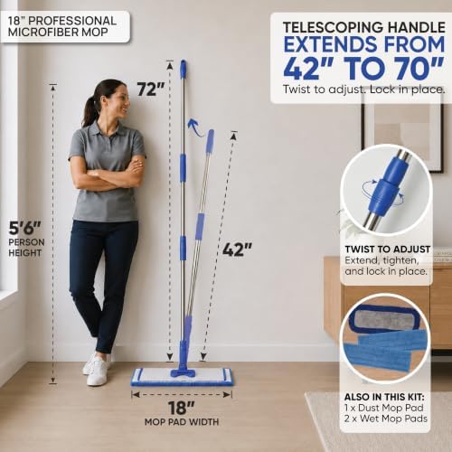 18” Pro Microfiber Hardwood Floor Mop - Cleans Floor in Seconds | Dust & Wet Mopping | Hardwood, Tile, Laminate & Vinyl with 3 Washable Pads, No Buckets Needed with Deluxe Household Mop - Image 2