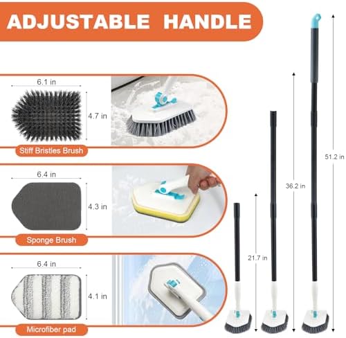 Long Handled Scrub Brush for Shower,3-in-1 Cleaning Brushes with 3 Different Function Cleaning Heads Brush for Shower Cleaning Bathroom Kitchen Walls Tub Tile (White) - Image 3