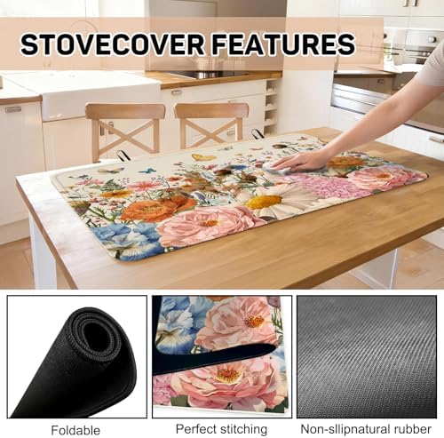 Retro Floral Stove Top Cover for Electric Stove, Wild Flowers Range Covers for Electric Stove, Rubber Dish Drying Mat, Glass Cooktop Covers, Flat RV Range top Mats, 28"x20" - Image 6