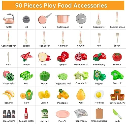 90Pcs Kitchen Playset Accessories, Pretend Cooking with Pots, Pans, Cookware, Food, Fruit, Veges, Color Sorting Baskets, Prop Money, Learning Gift for Girls Boys Toddlers (Pink) - Image 3