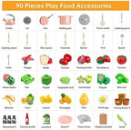 90Pcs Kitchen Playset Accessories, Pretend Cooking with Pots, Pans, Cookware, Food, Fruit, Veges, Color Sorting Baskets, Prop Money, Learning Gift for Girls Boys Toddlers (Pink) - Image 3