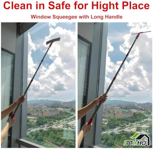 Squeegee for Window Cleaning, 12" Squeegee and 11" Microfiber Scrubber Combi with Stainless Steel Pole, Extendable Window Cleaner for Car, Sliding Door, Shower Glass Door-Swivel Style-2 Pads - Image 3