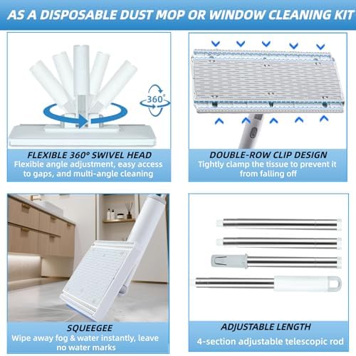 2 in 1 Disposable Dust Mop with 3 Shiny Towels Wipes Cleaning Cloths, 360° Rotating Snap Grip Mini Mop with Automatic Cloth Changing, Wall Cleaning Tool for Window Glass Wall Floor (White) - Image 4