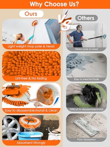 2 in 1 Lightweight Wall Cleaner Mop with Long Handle 75" 190cm Lint-Free Chenille Duster Mop for Kitchen Baseboard Floor Ceiling Glass Window Roof Adjustable Cleaning Brush Tool, 2 Replacement Heads - Image 4