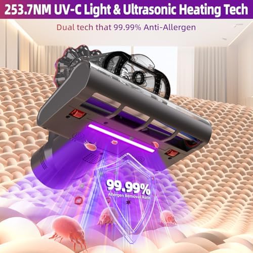 Mattress Vacuum Cleaner - 16Kpa Bed Vacuum with 253.7nm UV-C Light, 140°F Heat Ultrasonic & Hepa Filter, 500W Handheld Couch Cleaner with 3L Dust Cup for Pet Carpet Sofa Hair (D-Purple/Corded) - Image 3