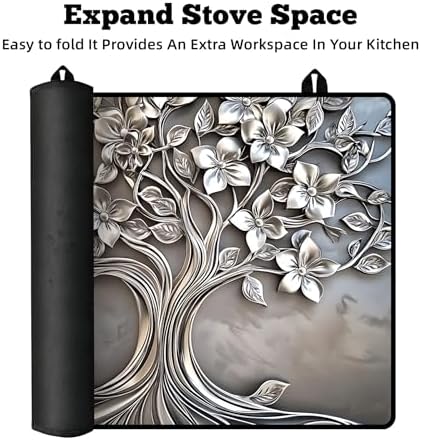 Multi-Design Stove Top Cover for Glass/Electric Stoves - 3-in-1 Heat-Resistant Protector Mat, Non-Slip Drying Rack 30"x21" (Silver-Tree) - Image 6