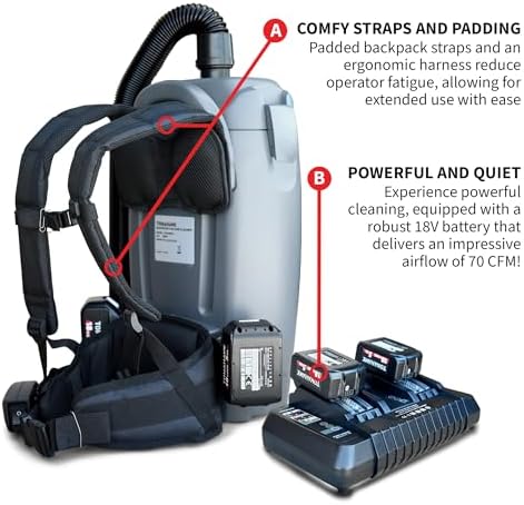 Tomahawk 18V Battery Powered Backpack Vacuum 6L for Janitorial Cleaning – Lightweight Cordless Commercial Vacuum with Quiet Operation - Image 6