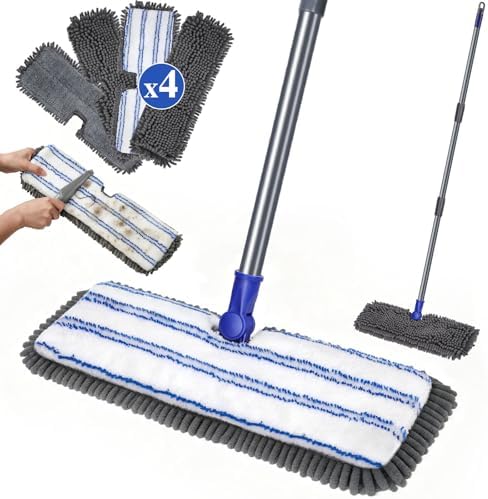Dust Mop for Hardwood Floors,Double-Sided Flat Mops with 4 Mop Pads by MASTERTOP