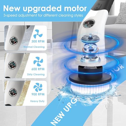 Electric Spin Scrubber, Cordless Cleaning Brush with 180 Min Runtime, 3-Speed, 7 Replaceable Brush Heads & Long Detachable Handle, LCD Display (RPM/Torque/Battery), for Bathroom, Kitchen, Tile - Image 3