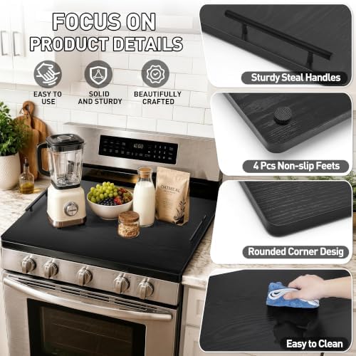 Noodle Board Stove Cover with Handles, Stove Top Covers for Gas Burners and Electric Stove, Wood Stove Cover Board Decorative Serving Tray Kitchen Sink Cover (Black) - Image 3