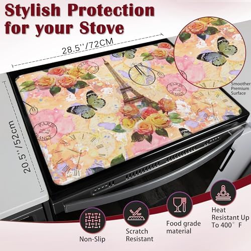 Vintage Eiffel Tower Stove Top Cover for Electric, Rose Butterfly Glass Ceramic Stove Cover, Heat Resistant Flat Stovetop Protector, Dish Drying Mats for Kitchen - Image 2
