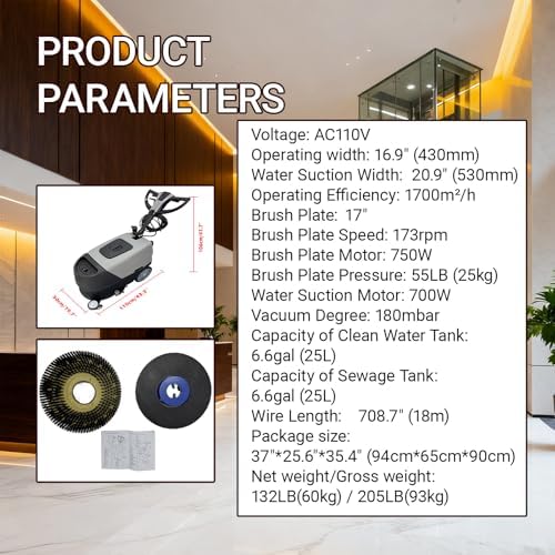Commercial Walk Behind Floor Scrubber 17" Brush (173RPM) with 13.2 Gallons Dual Tanks, Auto Floor Scrubber Machine for Malls/Hotels/Factories/Offices, Instant Dry/ 1700m²/h Efficiency 110V - Image 7