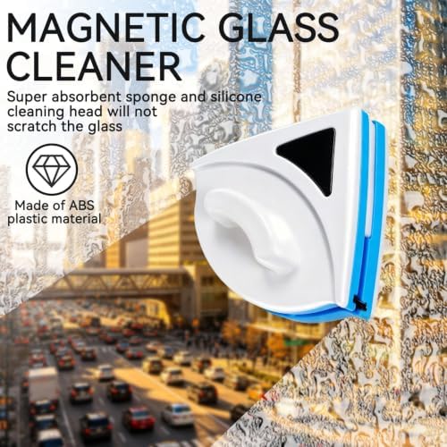 Double Sided Magnetic Window Cleaner Tool for 3–8mm Single-Pane Glass, Triangle Magnet Window Cleaner Tool with Safety Rope, Absorbent Pads and Squeegee for Home Windows and Shower Glass (2) - Image 2
