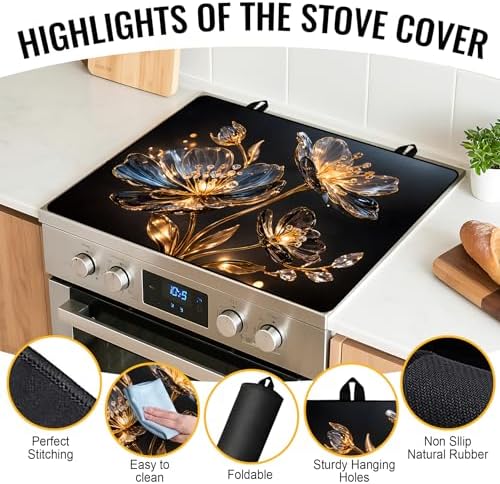 NYZE Stove Top Cover for Electric Stove 28x20 Inch Silicone Stove Topper & Protector, Decorative Kitchen Mat for Electric/Glass Stove Top (Glowing Floral) - Image 3