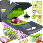 Vegetable Chopper Dicer with Container | Cheese Grater Mandoline Slicer Cabbage Shredder French Fry Cutter Stainless Steel for Veggie Onion Potato Fruit Food, Manual Hand Cooking Gadget for Kitchen by Dewpeton