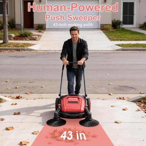 43" Walk Behind Floor Sweeper, 15Gal Large Capacity Industrial Push Sweeper - Image 2