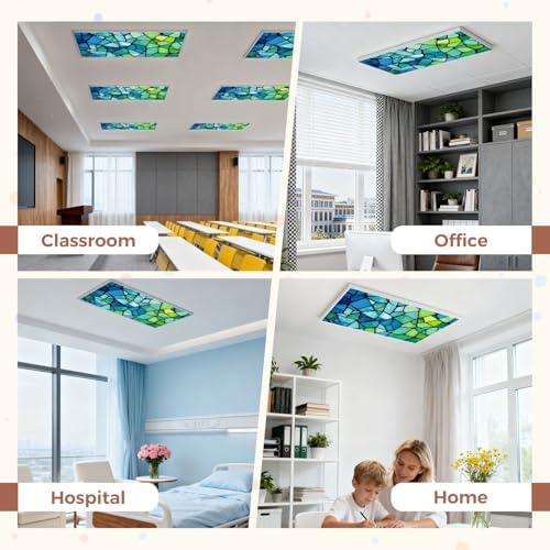 4 Pcs Fluorescent Light Covers for Ceiling Lights abstract stained glass mosaic blue green Magnetic Decorative Shade Filters 4x2 ft for Classroom Office Hospital Decor - Image 5