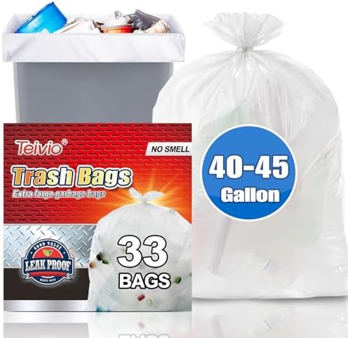 Teivio Large Clear Trash Bags 40-45 Gallon 33 Count 40+ Gal Garbage Bags by Teivio