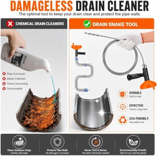 33 FT Drain Snake Auger, Plumbing Snake Drain Hair Clog Removal Tool, Sink Unclogger Drain, Heavy Duty Drum Auger, Cleaner Tool for Bathroom Kitchen Tub Shower Drain Clog Remover with Gloves - Image 5