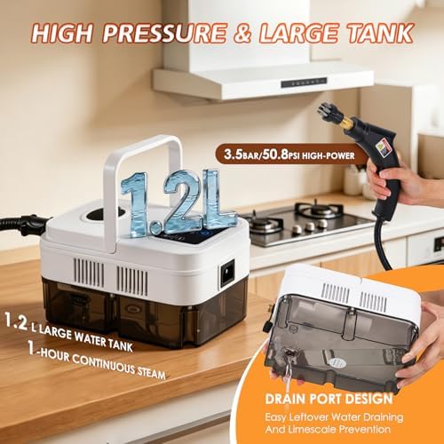 Timing Steam Cleaner Handheld Steamer for Cleaning Grout Tile Car Detailing Pressurized Steam Cleaner with Brush Heads for Home Kitchen Bathroom (White) - Image 5