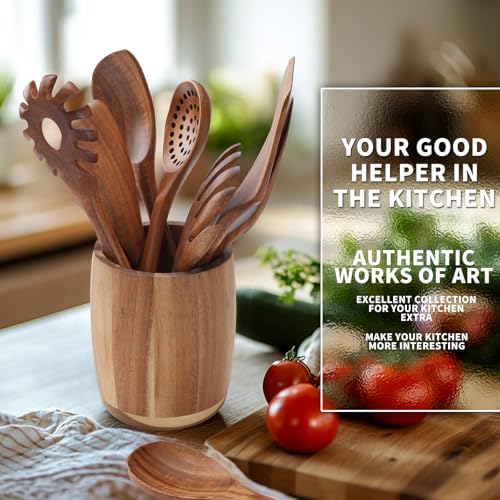 9 PCS Kitchen Utensils Set - Wooden Spoons for Cooking, Natural Teak Wooden Utensils - Includes Wooden Spoons, Spatula Set, Slotted Spoon - Handmade Wooden Spoon Set - Image 4