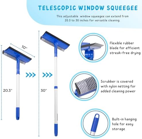 Window Cleaner Tool for Home with 20''-30'' Extension Pole, Squeegee for Car Windshield Cleaning, Glass Washer for Shower Doors, Mirror - Image 2