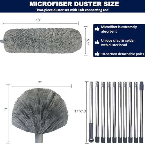 20 Ft+ High Reach Cobweb Dusting Kit with 3-14 Ft Extension Pole/Spider Web Brush & Ceiling Duster Microfiber Feather Duster with Washable Head for Cleaning Ceiling Fan, Furniture, Home - Image 2